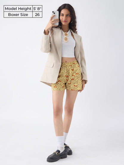 The Souled Store Winnie The Pooh: Bear-y Good Women and Girls Yellow All Over Printed Regular Fit Above The Knee Length Cotton B