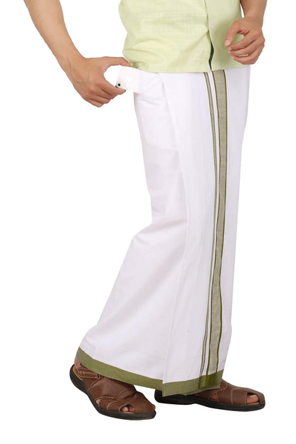Prakasam Cotton Mens Welcro Pocket With Mild Green Border Dhoti/Fancy Border Dhoti/Welcro Pocket Mundu/White Dhoti With Pocket (