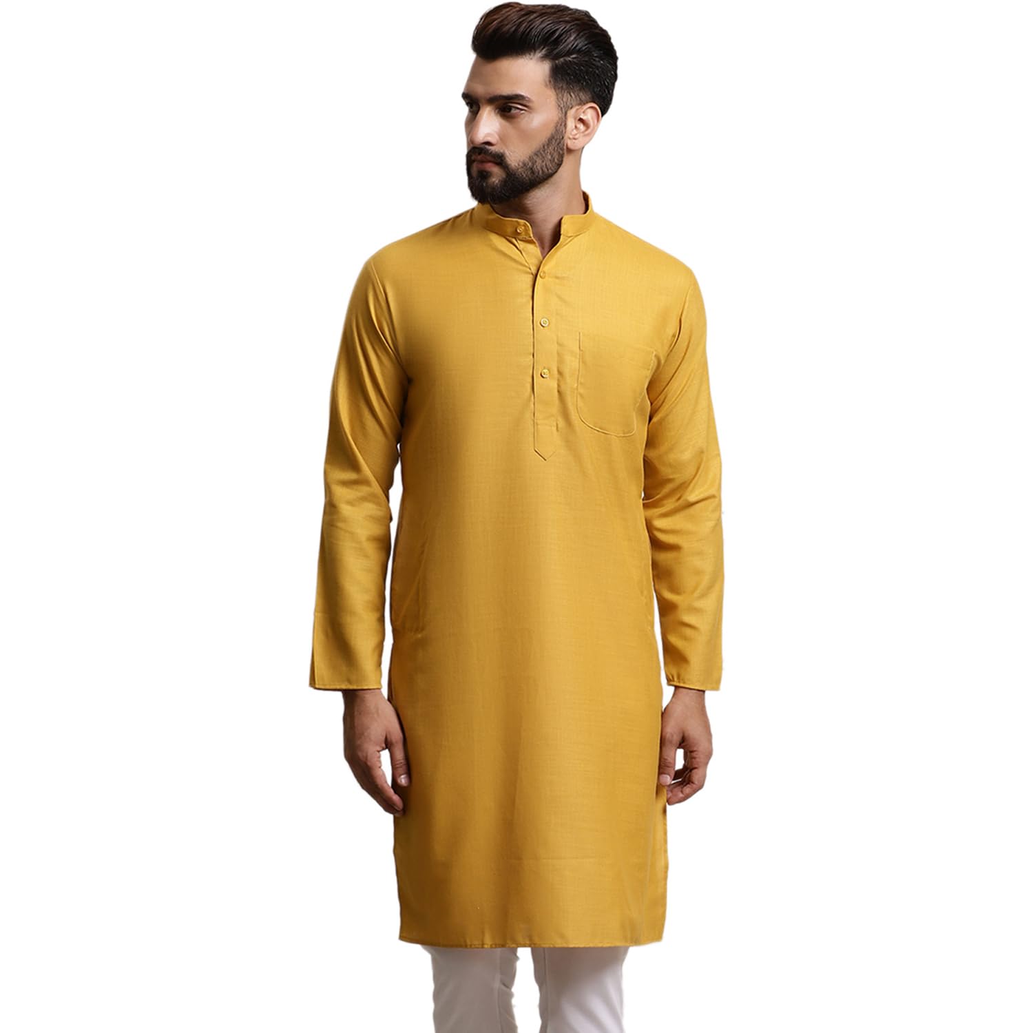 SOJANYA (Since 1958 Men's Silk Blend Mustard Solid Only Long Kurta