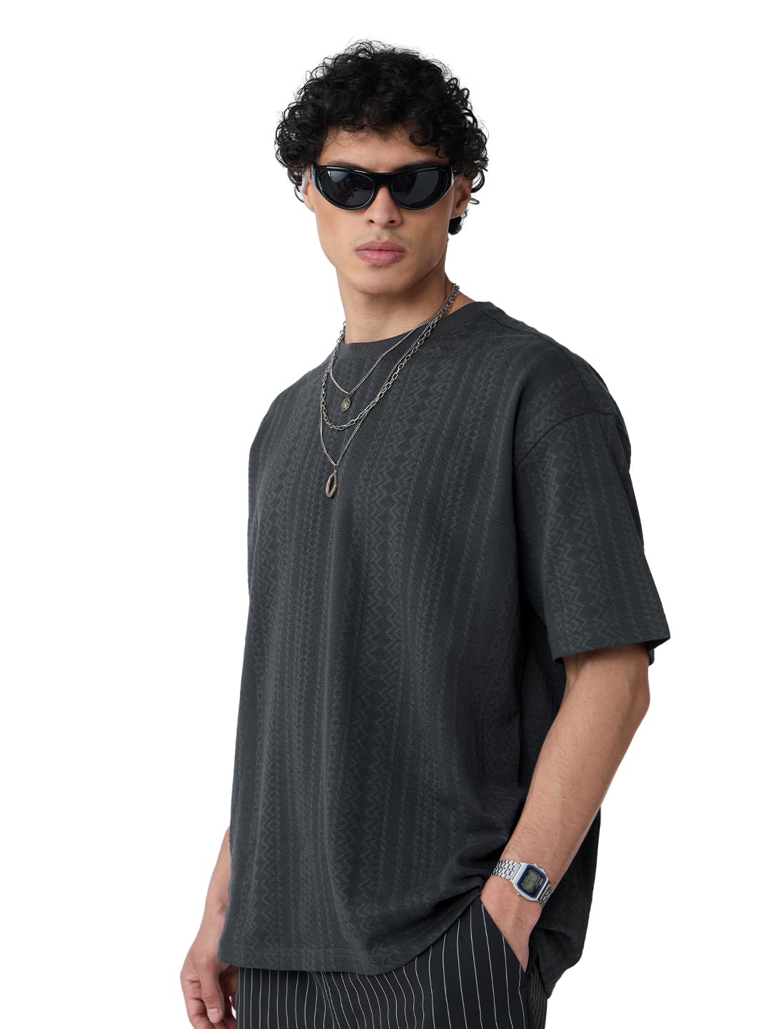 The Souled Store Textured T-Shirt: Midnight Men and Boys Short Sleeves Round Neck Grey Cotton Oversized T-Shirts