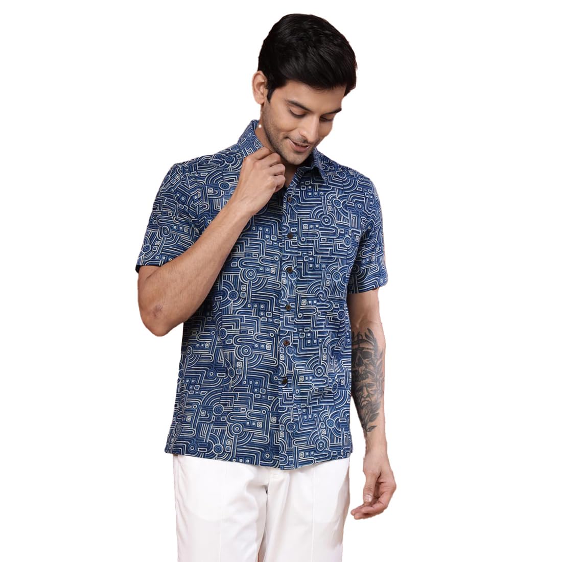 Fabindia MenS Printed Straight Fit Shirt (1038598Blue_Blue