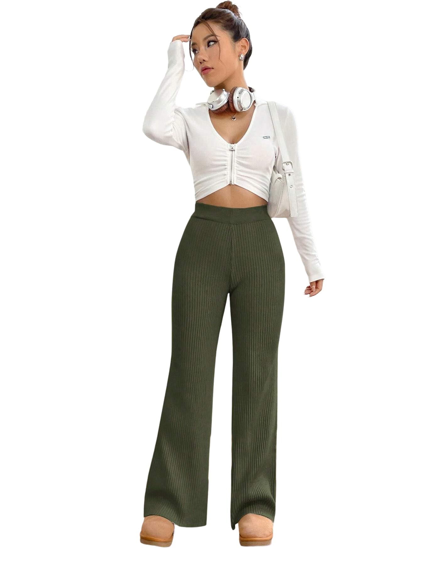 Tee Projekt Trousers for Women | Womens High-Waisted Pant | Women Trousers Pants Olive