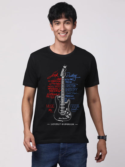 ADRO Guitar Design Printed T-Shirt for Men - 100% Cotton, Regular Fit, Soft Breathable Fabric. (RN23-M-GTR-BL_Black)