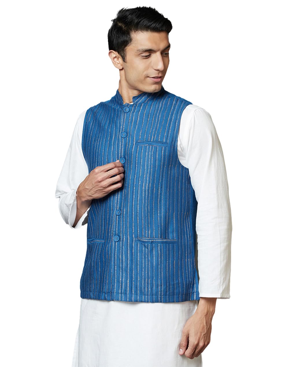 Fabindia Men's Blue Viscose Silk Printed Comfort Fit Nehru Jacket