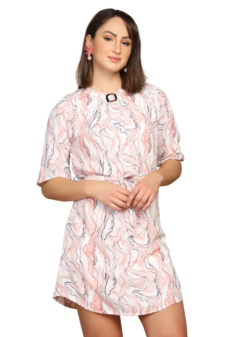 Om Sai Latest Creation Western Dress For Women || Rayon Marble Printed Short Dresses For Women || Front Plated Neck With Buckle
