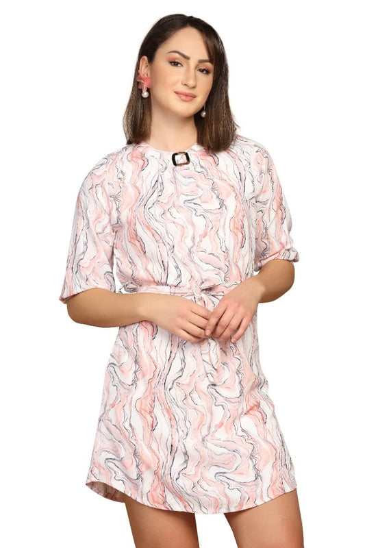 Om Sai Latest Creation Western Dress For Women || Rayon Marble Printed Short Dresses For Women || Front Plated Neck With Buckle