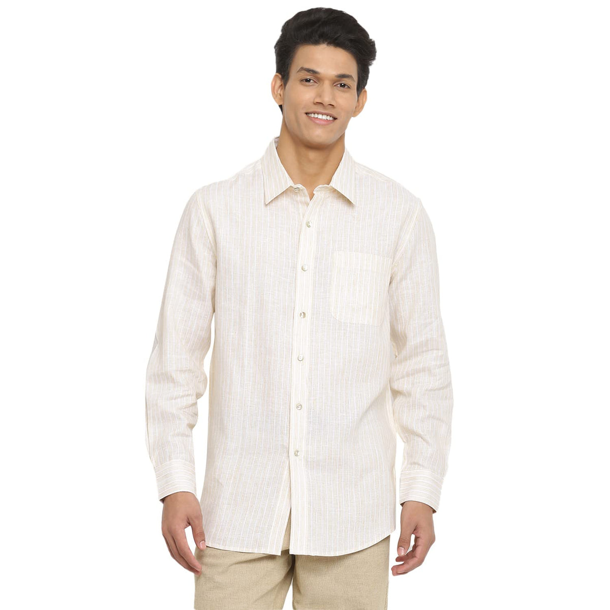 Fabindia Men Print Linen Comfort Fit Casual Shirt Stripe_M White