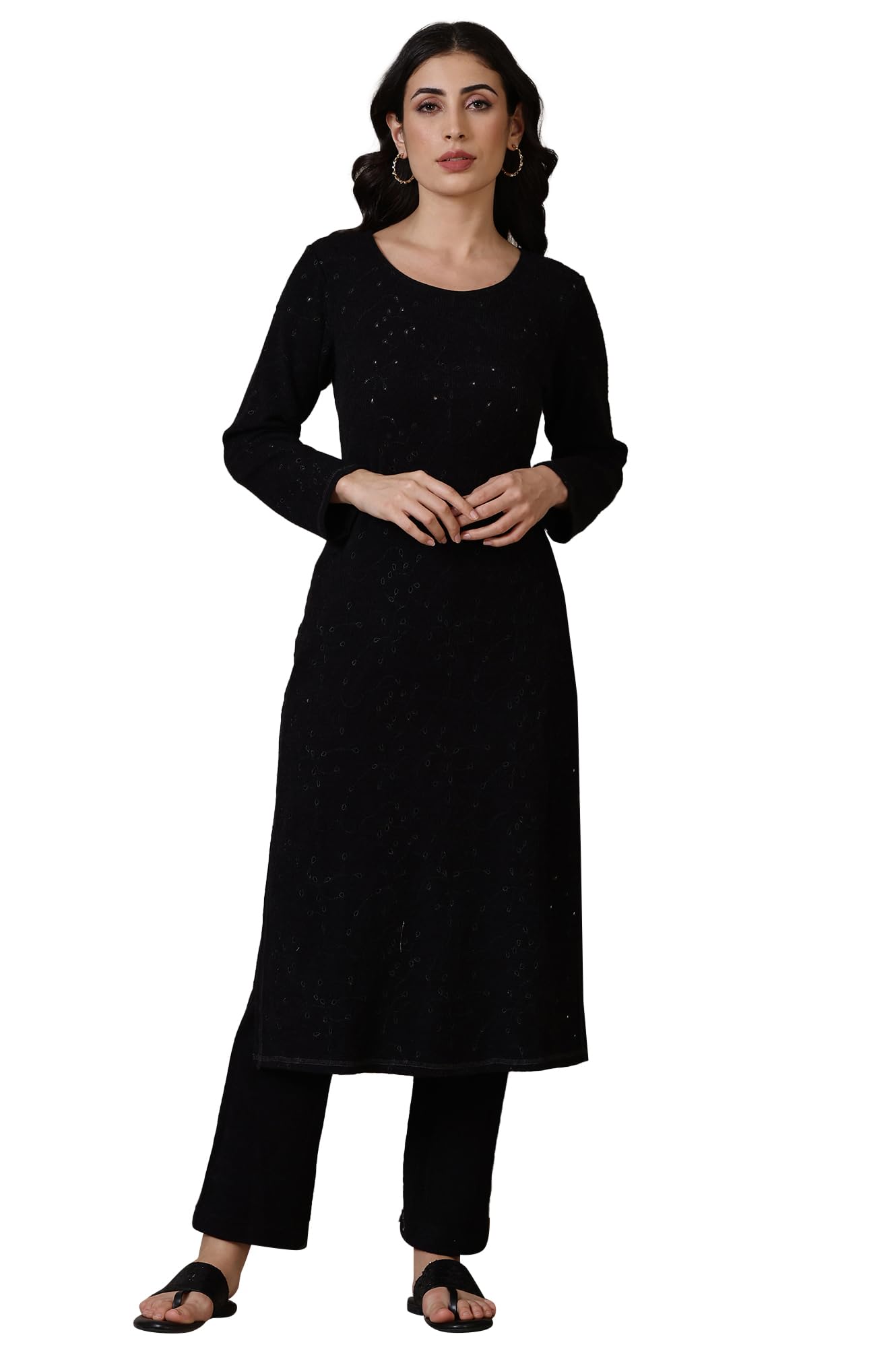 Aurelia Black Yarn Dyed Straight Kurta & Palazzo For Women (Size: 2Xl)-24Noas15381-E705316