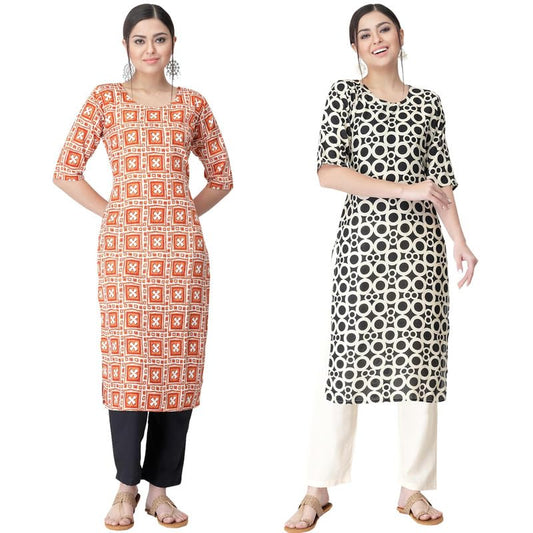 Pinkmint Kurta Set For Women Rayon Printed Stylish Neck Kurti With Pant Set (Pack Of 2)