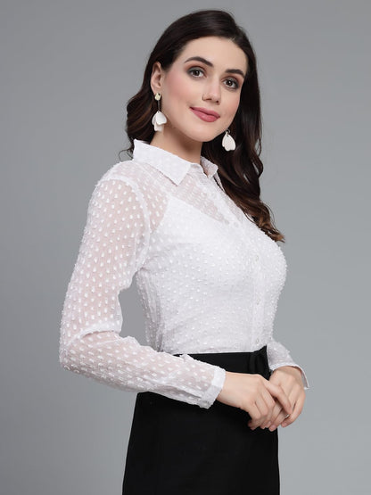Style Quotient Women White Self Design Swiss Dot Polyester Smart Casual Shirt