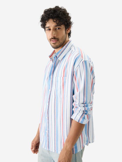 The Souled Store Blue & Red Stripes Long Sleeve Collared Neck Front Button Cotton Relaxed Fit Shirts for Men & Boy- Casual Elega