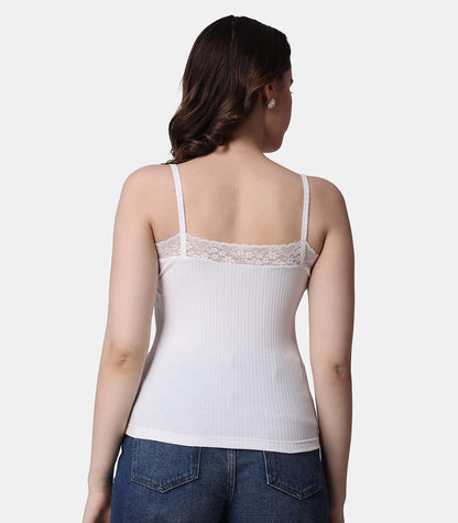 POPWINGS Women Casual White Rib Solid Sleeve Self Design Noodle Strap Top