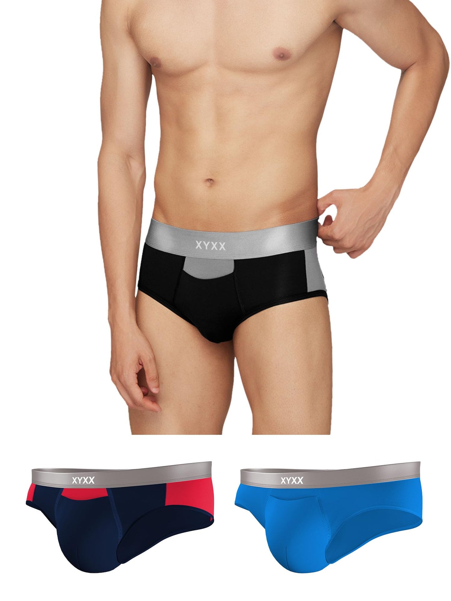 XYXX Mens Underwear Illuminati IntelliSoft Antimicrobial Micro Modal Brief Pack of 3 (Black Iris & Tango Red ; Black & Steel Gr