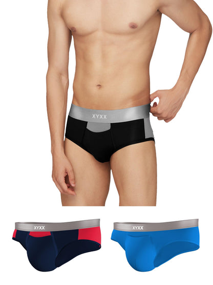 XYXX Mens Underwear Illuminati IntelliSoft Antimicrobial Micro Modal Brief Pack of 3 (Black Iris & Tango Red ; Black & Steel Gr