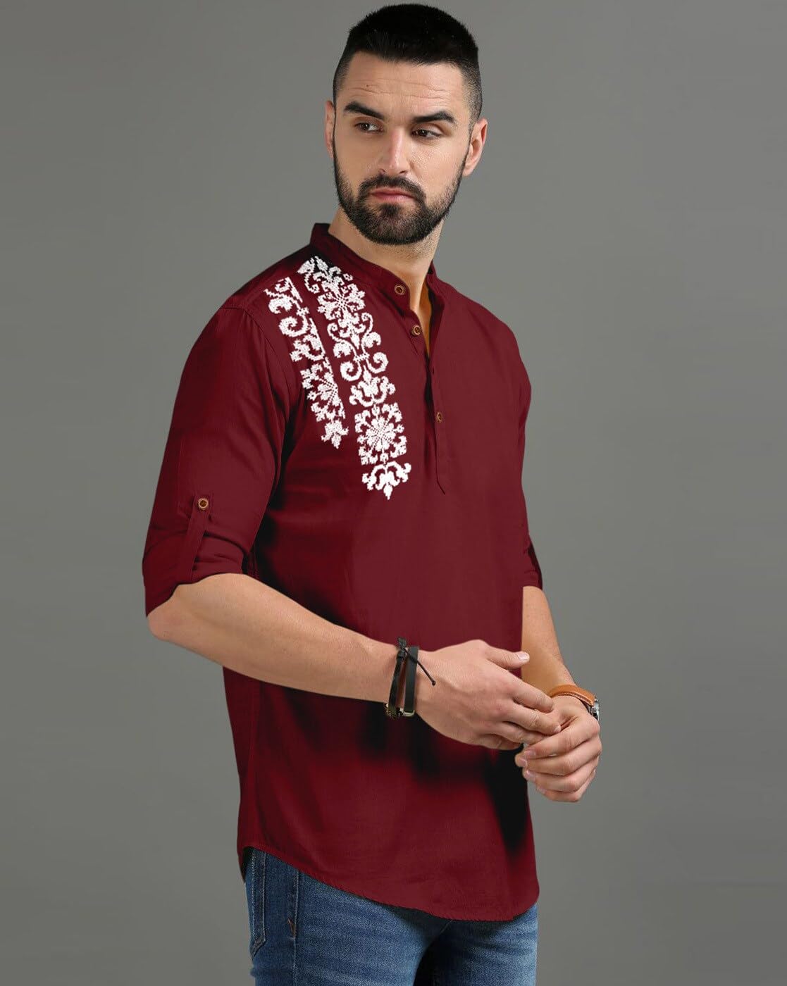 Finivo Fashion MenS Regular Fit Cotton Blend Kurta Shirt | Full Sleeve Ethnic Shirt With Mandarin Collar And Button Placket | C