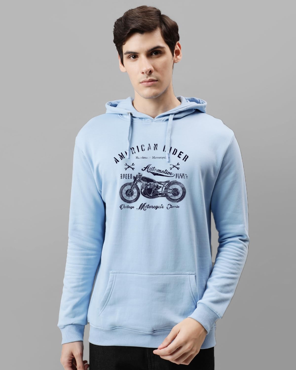 ADRO Mens Cotton Blend Neck Hooded Sweatshirt (H24-AME-SK_Sky Blue