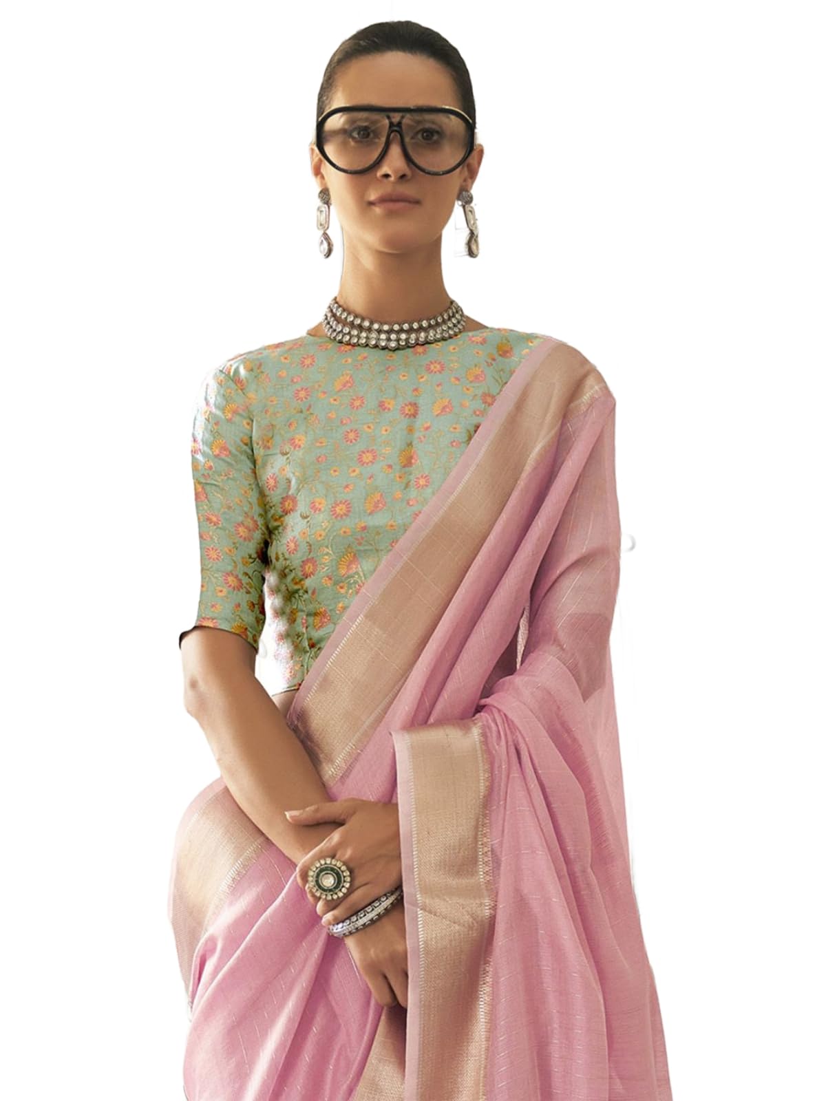 Madhuhansh Womens Soft Linen Saree With Unstitched Multicolor Paisley Blouse Piece Saree With Satin Border Comfortable Skin Frie