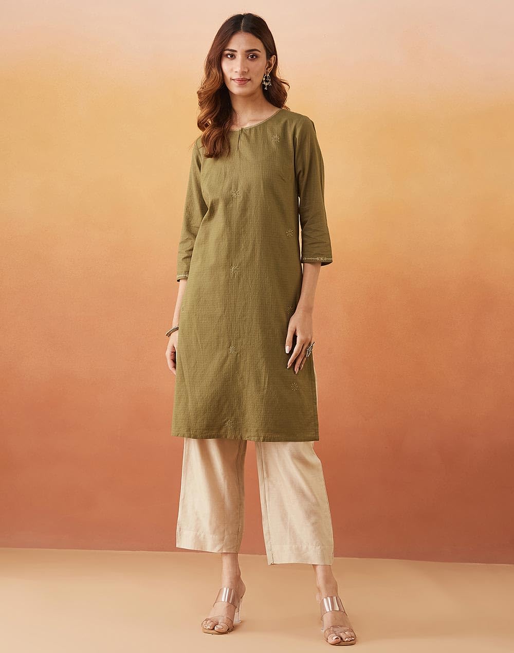 Fabindia WomenS Cotton Embroidered Regular Fit Kurta (1039126Olive_Olive