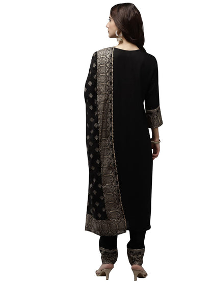 ishin Women's Viscose Rayon Solid Gotta Patti Black Ethnic Motifs Print Straight Kurta suit set With Dupatta & Trouser