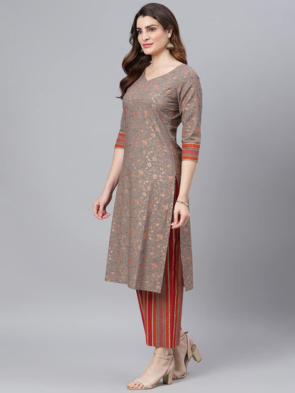 idaLia Cotton Jaal Printed Kurta with Stripes Palazzo Pant - Best Kurta Set, Calf Length, 3/4th Sleeve, V Neck Straight Kurta