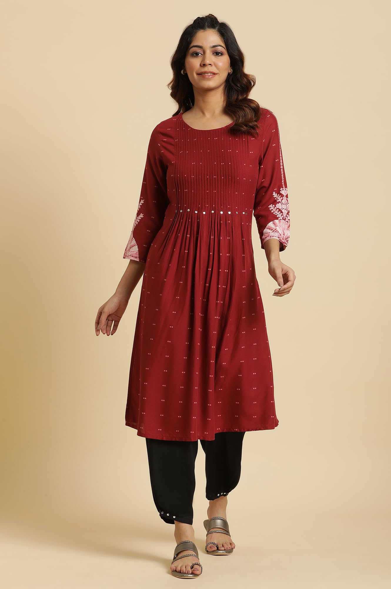 W For Woman Maroon Floral Printed Regular Kurta With Sequins