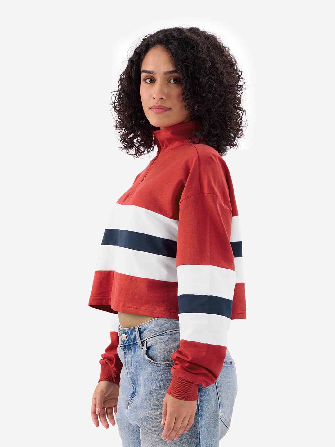 The Souled Store Solids: Red and Off White Women and Girls Long Sleeves High Neck Cotton Oversized Cropped Polos