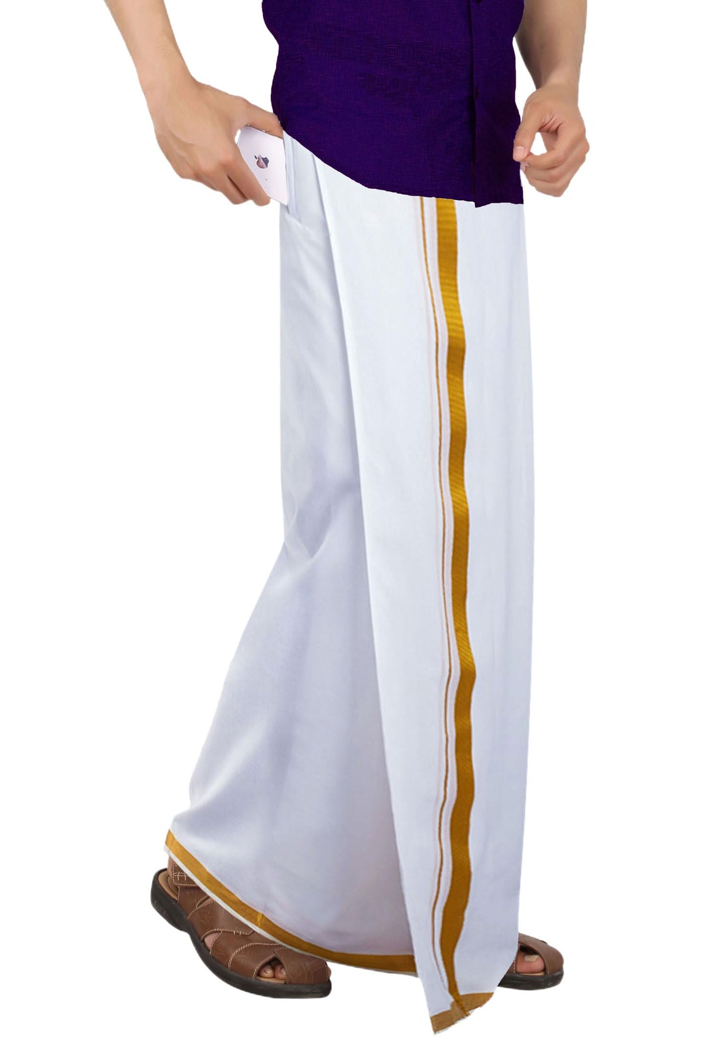 PRAKASAM COTTON White Colour-Gold Jari Border Welcro Pocket Stitched dhoti for mens/Size Hip -30 inches- Length- 42 inches