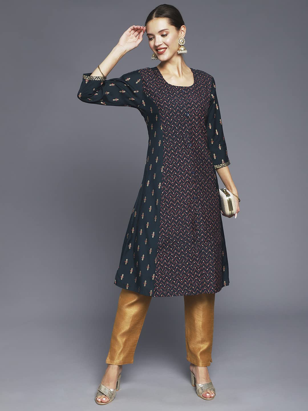 anubhutee Women's Rayon Teal Geometric Printed A-Line Kurta