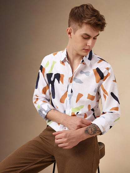 Dennis Lingo Men White Cotton Slub Full Sleeve Spread Collar Abstract Print Shirts