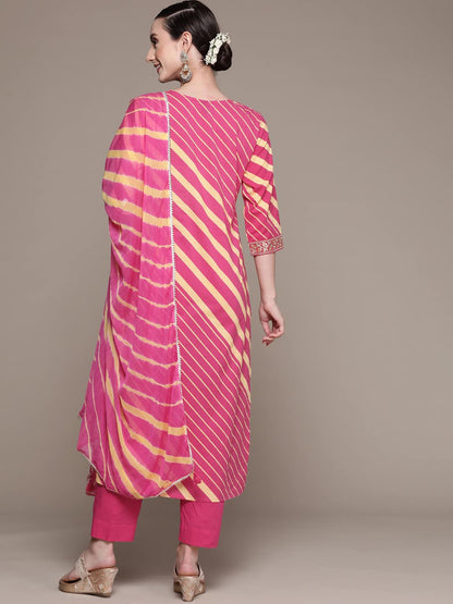ishin Women's Cotton Pink Embroidered A-Line Kurta with Trouser & Dupatta