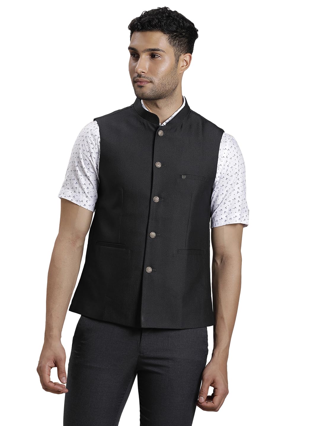 Turtle Men Terry Rayon Self Design Slim Fit Black Waist Coat