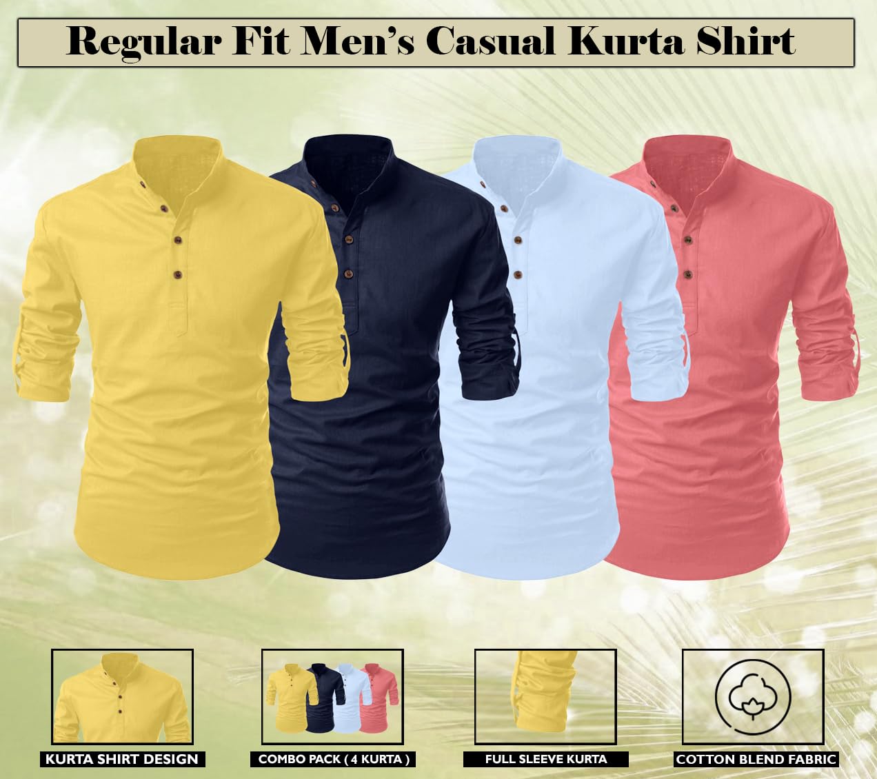 Zombom MenS Cotton Polyester Blend Solid Full Sleeve Regular Fit Kurta Shirt, Multicolor, Xl, Combo Set Of 4