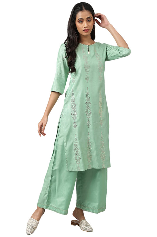 W for Woman Pistachio Green Mukaish Printed Kurta
