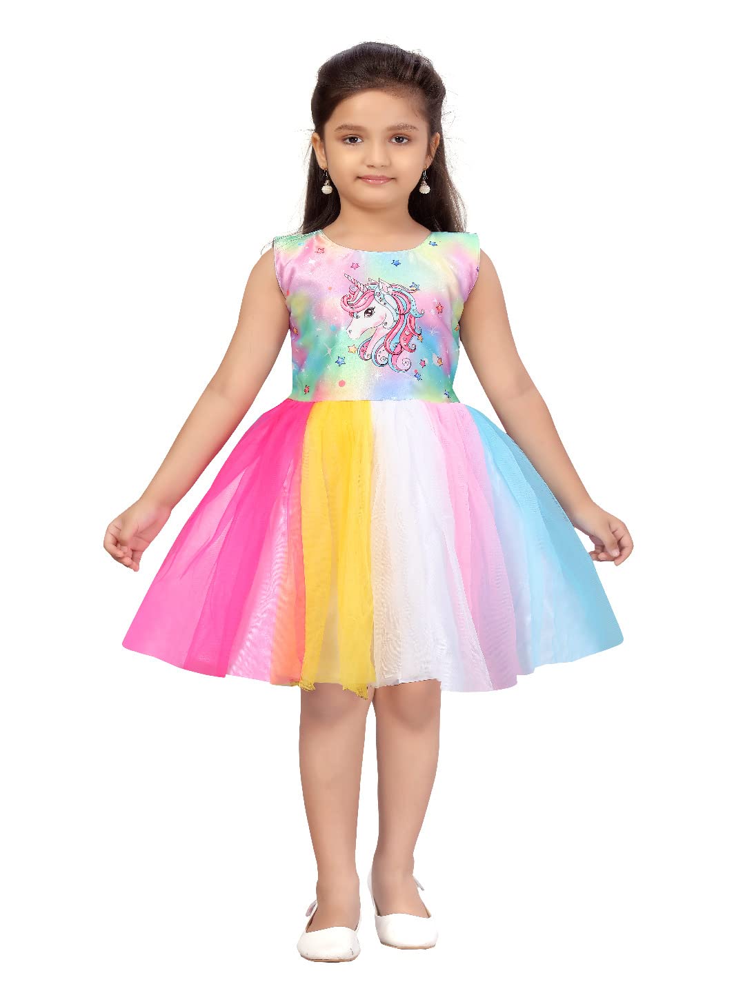 Aarika Girls Net Fit and Flare Knee-Length Dress (DFK-1614_Multi_22) Multicolour
