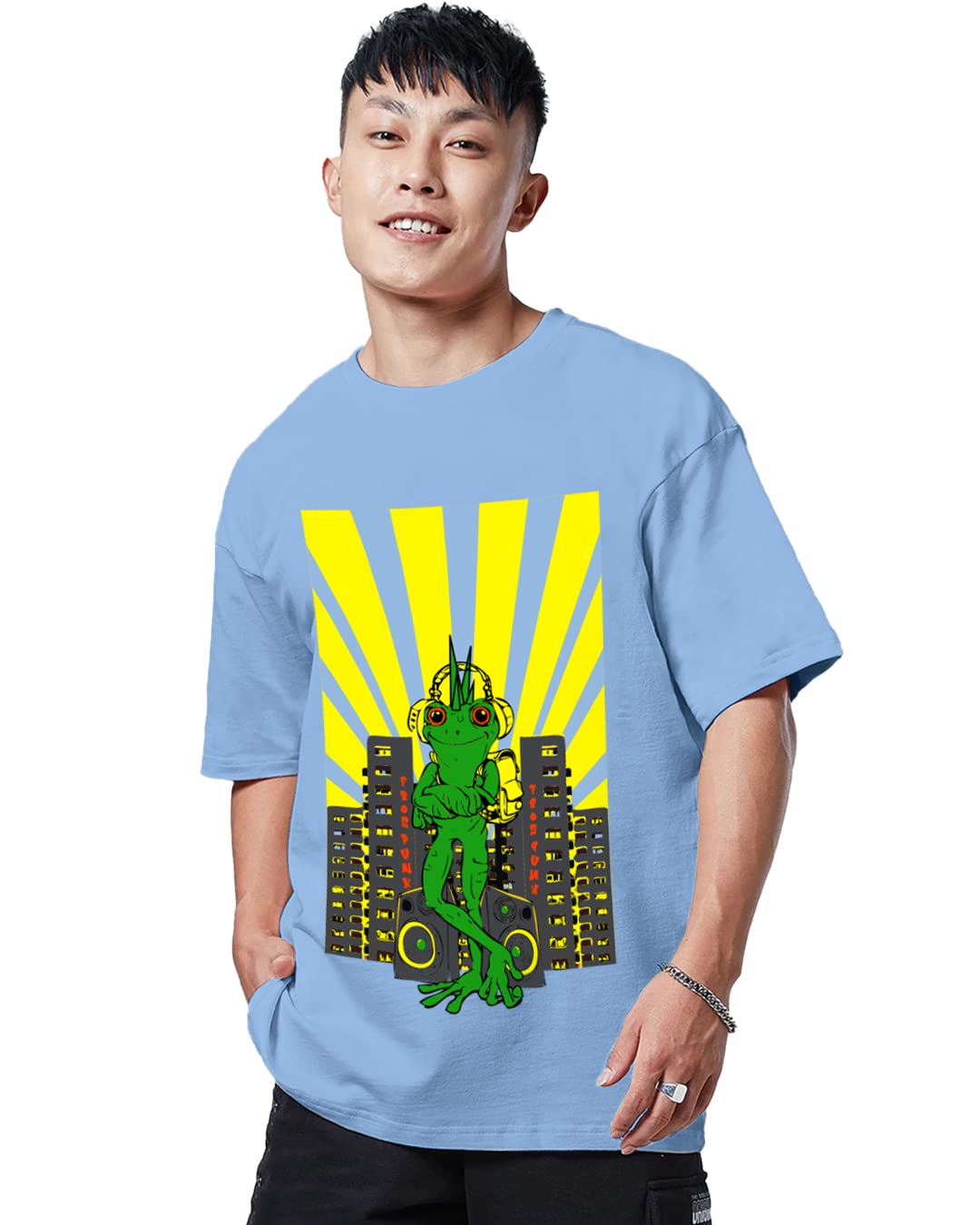 Veirdo Mens Cotton Oversize Loose Fit Drop Shoulder Round Neck Short Sleeve Graphic Frog Printed T-Shirt