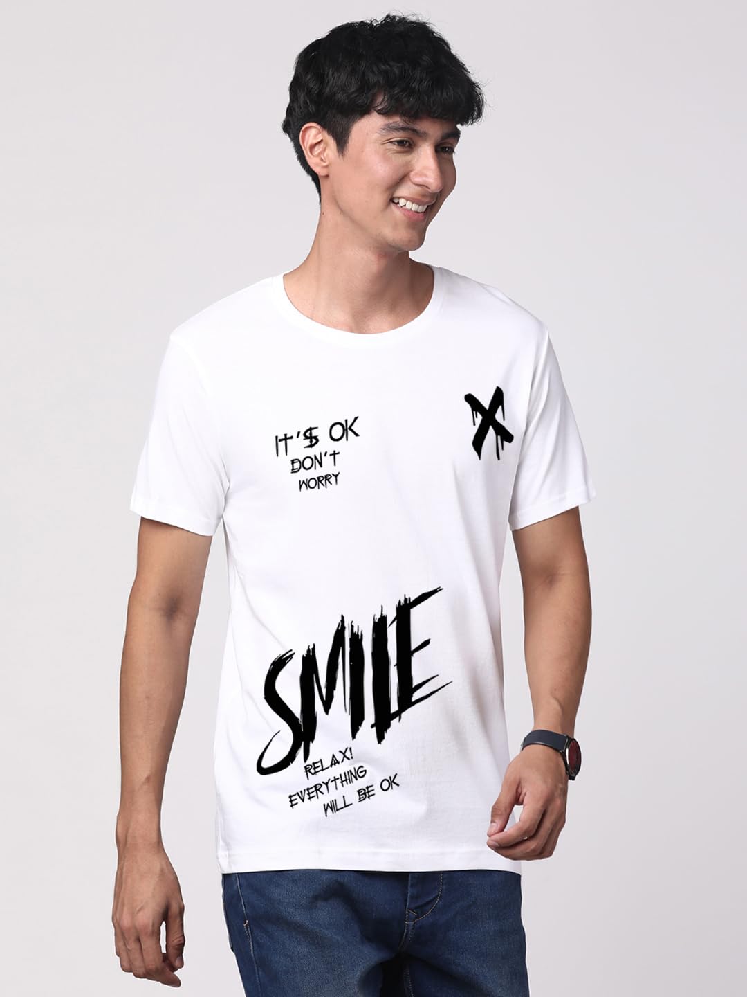 ADRO Mens Smile Printed Cotton T-Shirt_RN24-L2-SMILE-WH