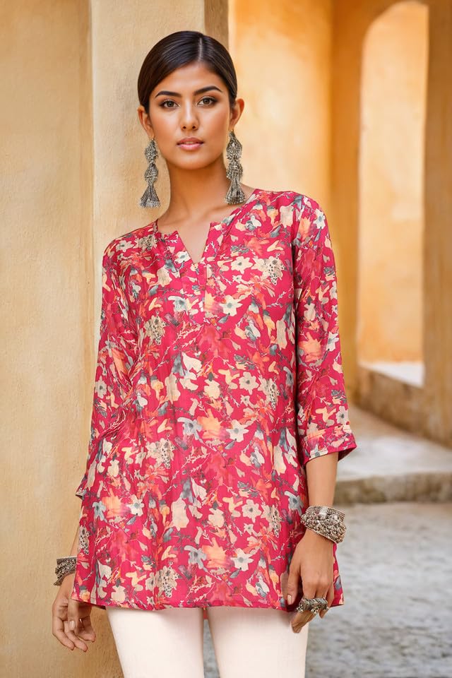 Soch Womens Fuchsia Floral Printed Notched Neck Silk Blend A-Line Tunic