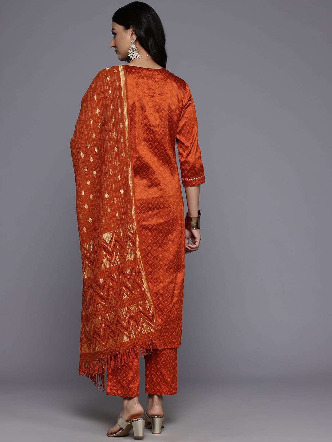 Varanga WomenS Rust Round Neck Woven Design Gotta Embellished Straight Kurta Paired With Bottom And Dupatta