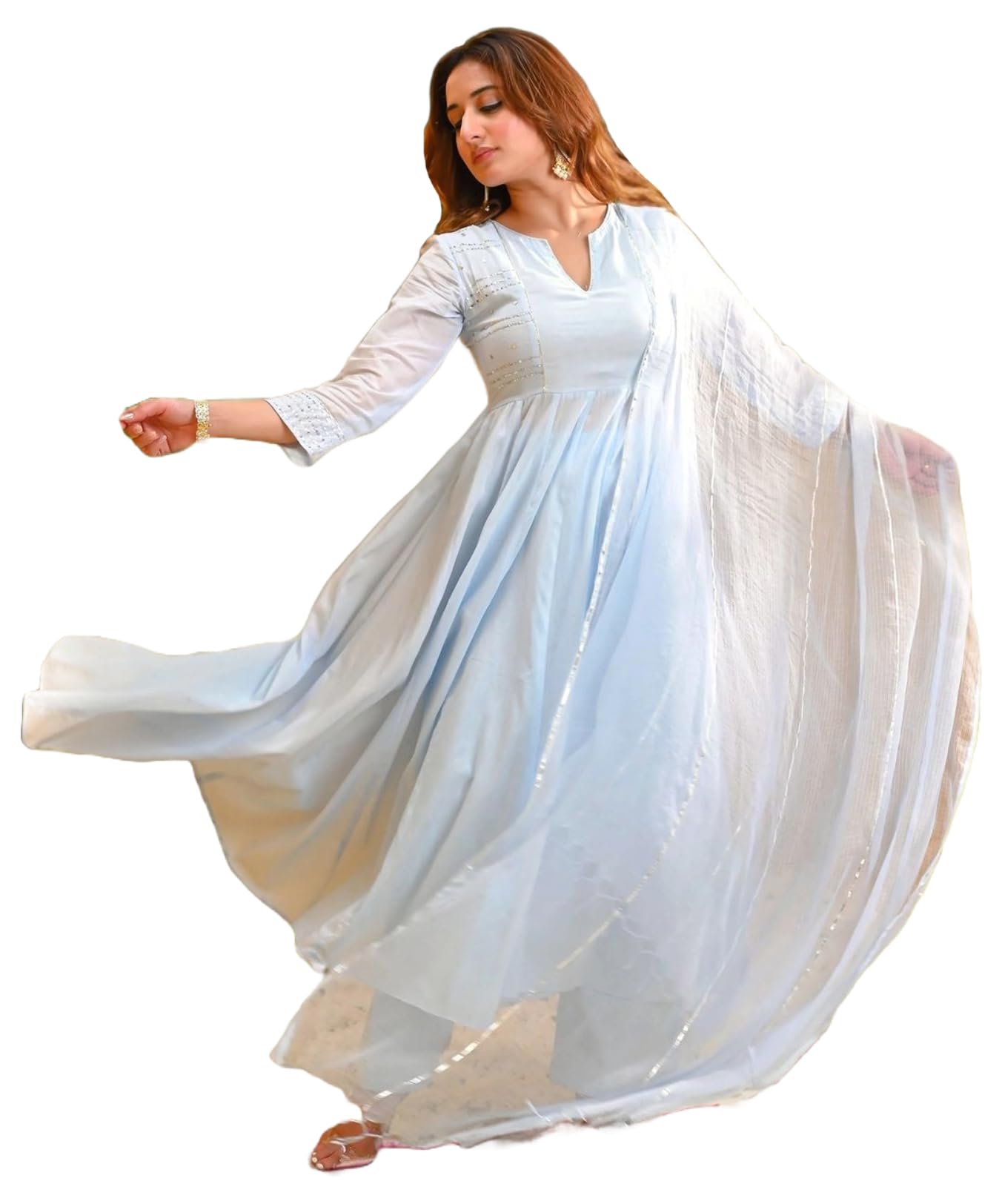 ANNI DESIGNER Womens Rayon Viscose Embellished Anarkali Kurta with Pant & Dupatta (Sikana Sky Blue_M_Sky Blue_Medium)