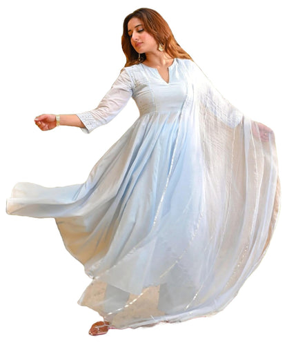 ANNI DESIGNER Womens Rayon Viscose Embellished Anarkali Kurta with Pant & Dupatta (Sikana Sky Blue_M_Sky Blue_Medium)