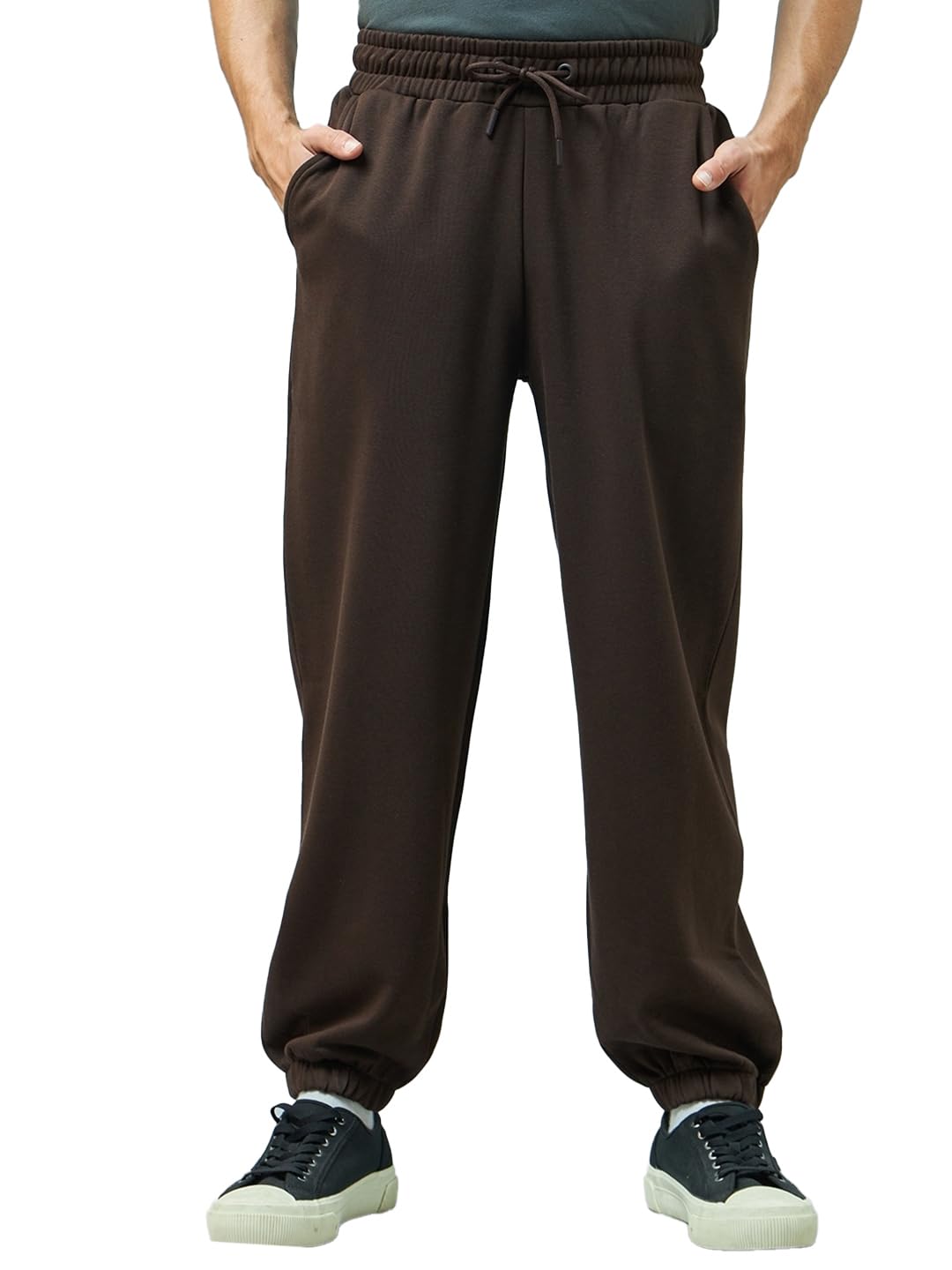 Bewakoof Mens Solid Super Loose Fit Cotton Blend Mid Rise Joggers_ 617457 Brown Large