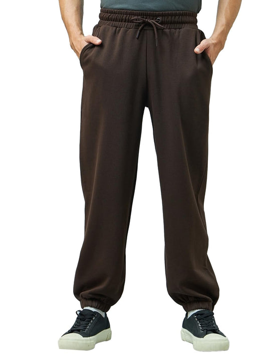 Bewakoof Mens Solid Super Loose Fit Cotton Blend Mid Rise Joggers_ 617457 Brown Large