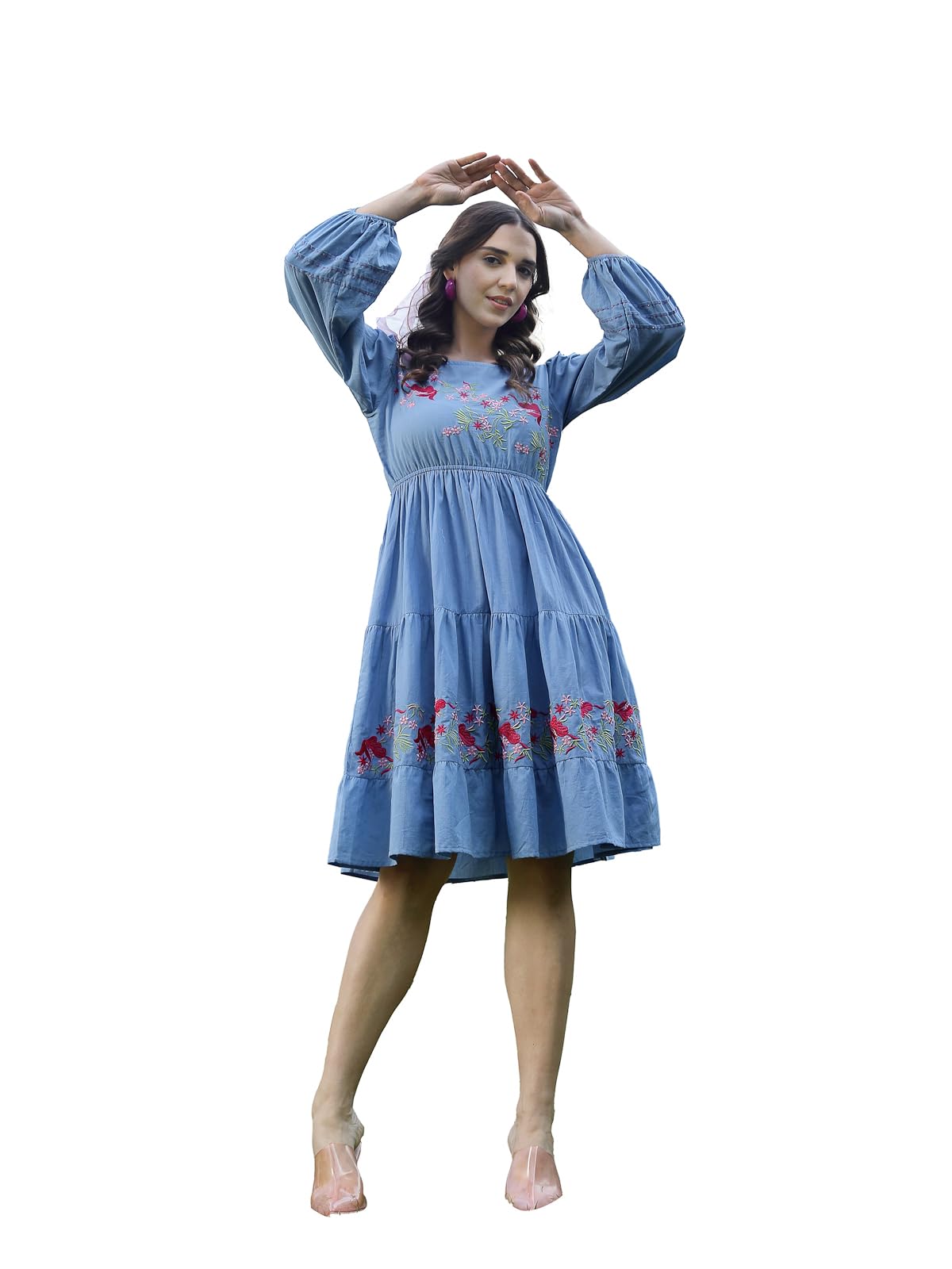 Stylum Womens Solid & Embroidered Cotton Tiered Dress