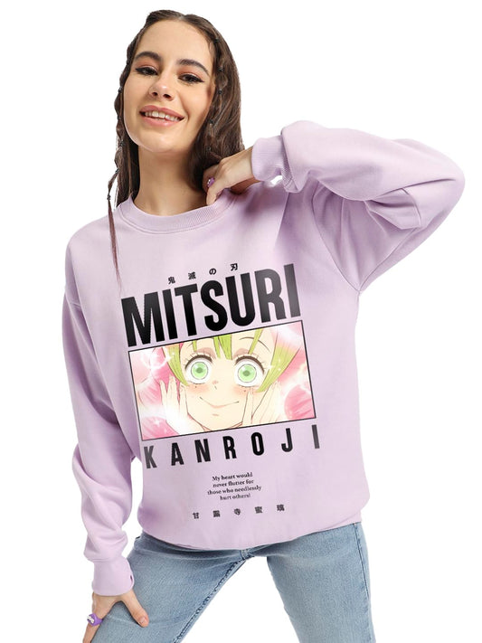 Bewakoof Official Demon Slayer Merchandise Mitsuri Womens Graphic Print Oversized Fit Full Sleeve Round Neck Cotton Poly Sweats