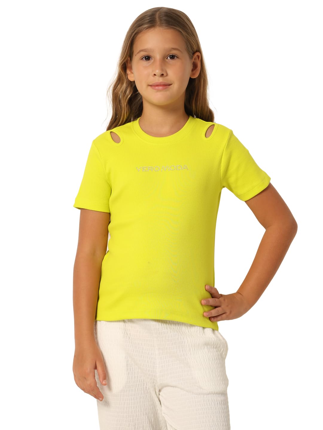 Vero Moda Girls Embellished Cotton Blend Green Tshirt