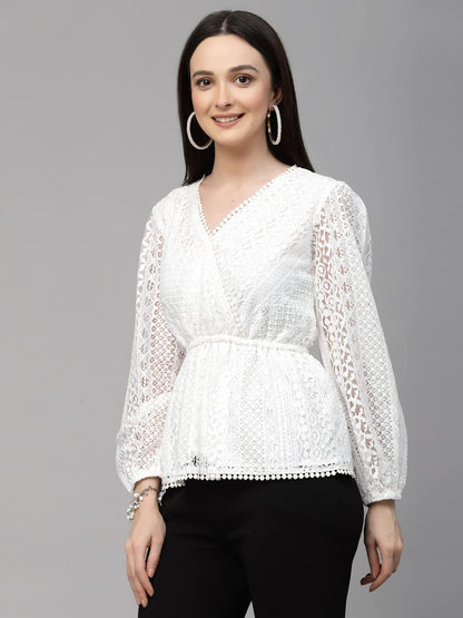 Style Quotient Women White Self Design Lace Regular Smart Casual Peplum Tops
