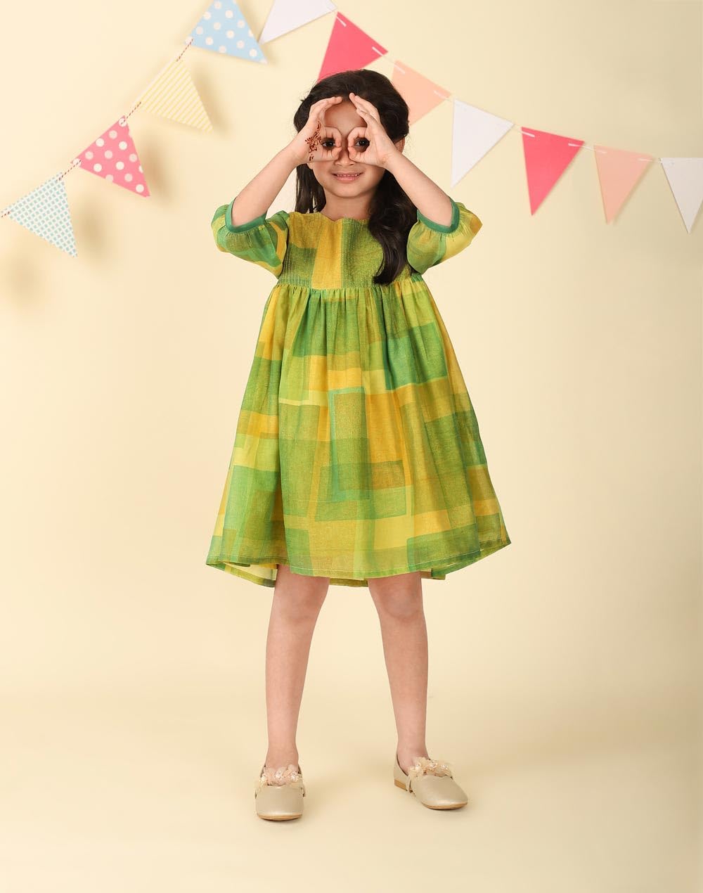 Fabindia Green Cotton Silk Hand Block Printed Dress