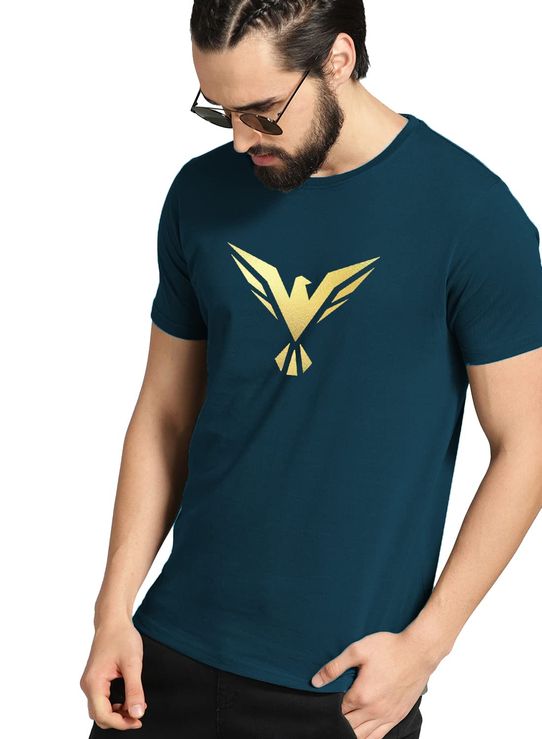 ADRO Men's Bird Gold Printed Cotton T-Shirt (RN23-GL-BIR-SB_Teal)