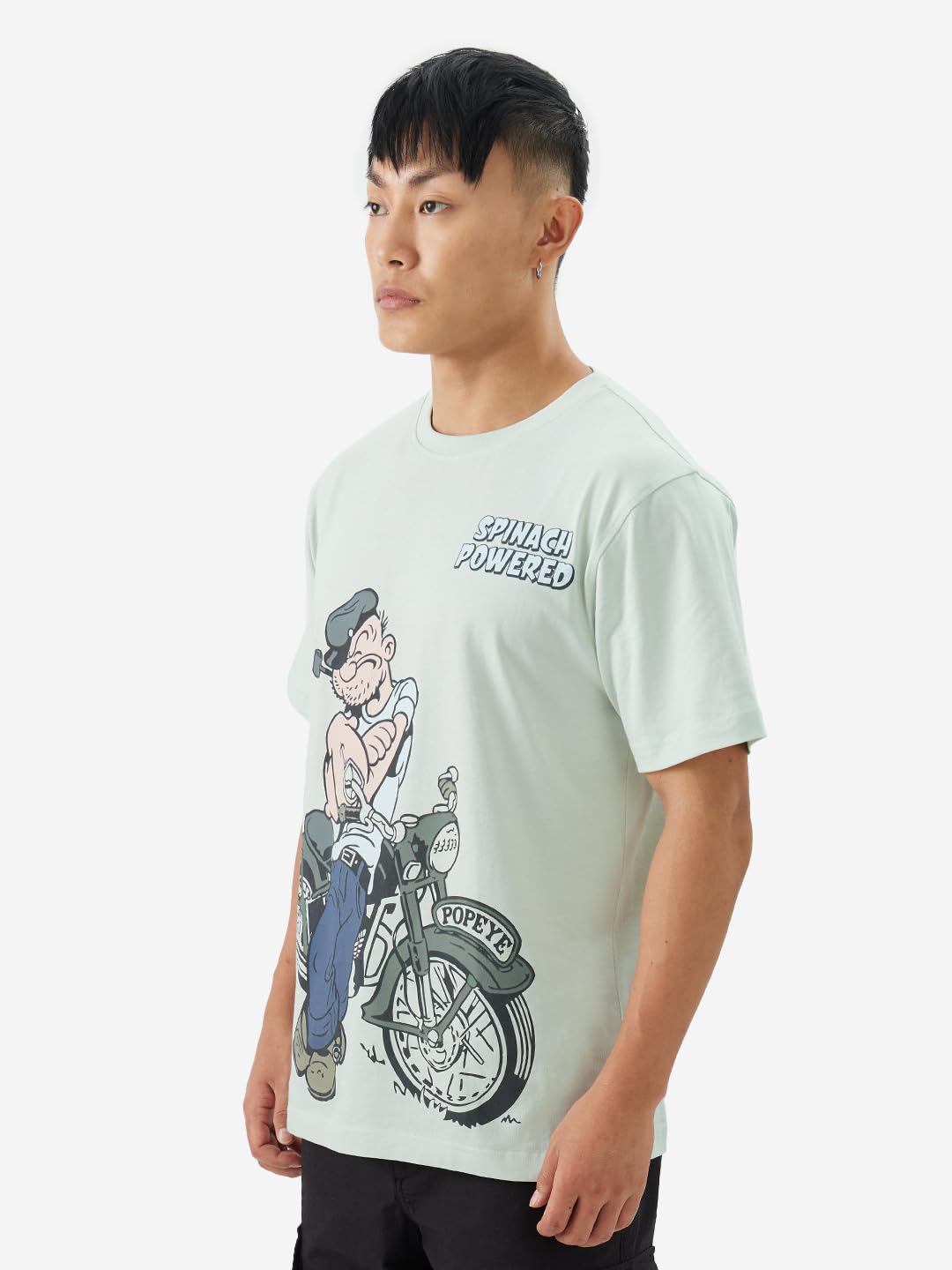 The Souled Store Official Popeye: Spinach Powered Men and Boys Short Sleeve Round Neck Blue Graphic Printed Regular Fit Cotton T