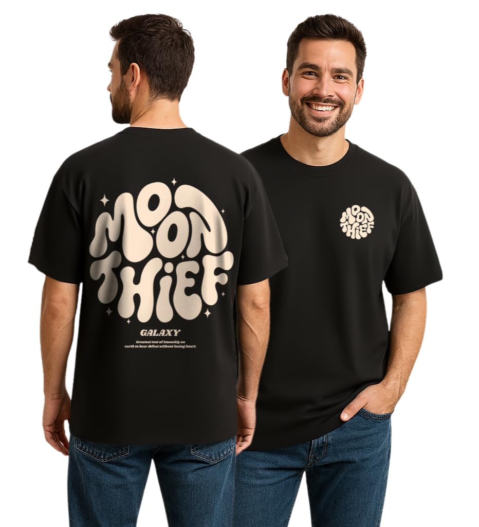 SMOWKLY Authentics Mens Cotton Blend Moon Thief Galaxy Letter Graphic Print Oversized T-Shirt || Vintage Drop Shoulder || Cozy